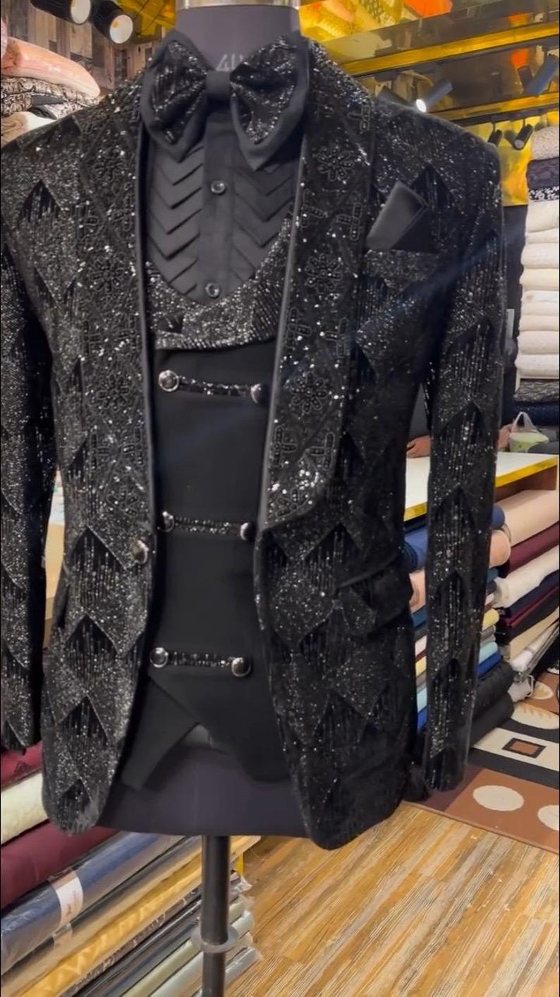 Midnight Embbellished Statement Tuxedo Suit with Textured Luxury Finish Detail