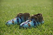 Native American Regalia Style Beaded Powwow Moccasins Blue Arrow Fringe MC614
