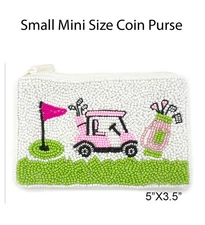 White Small Mini Size Golf Theme Beaded Coin Purse for Women