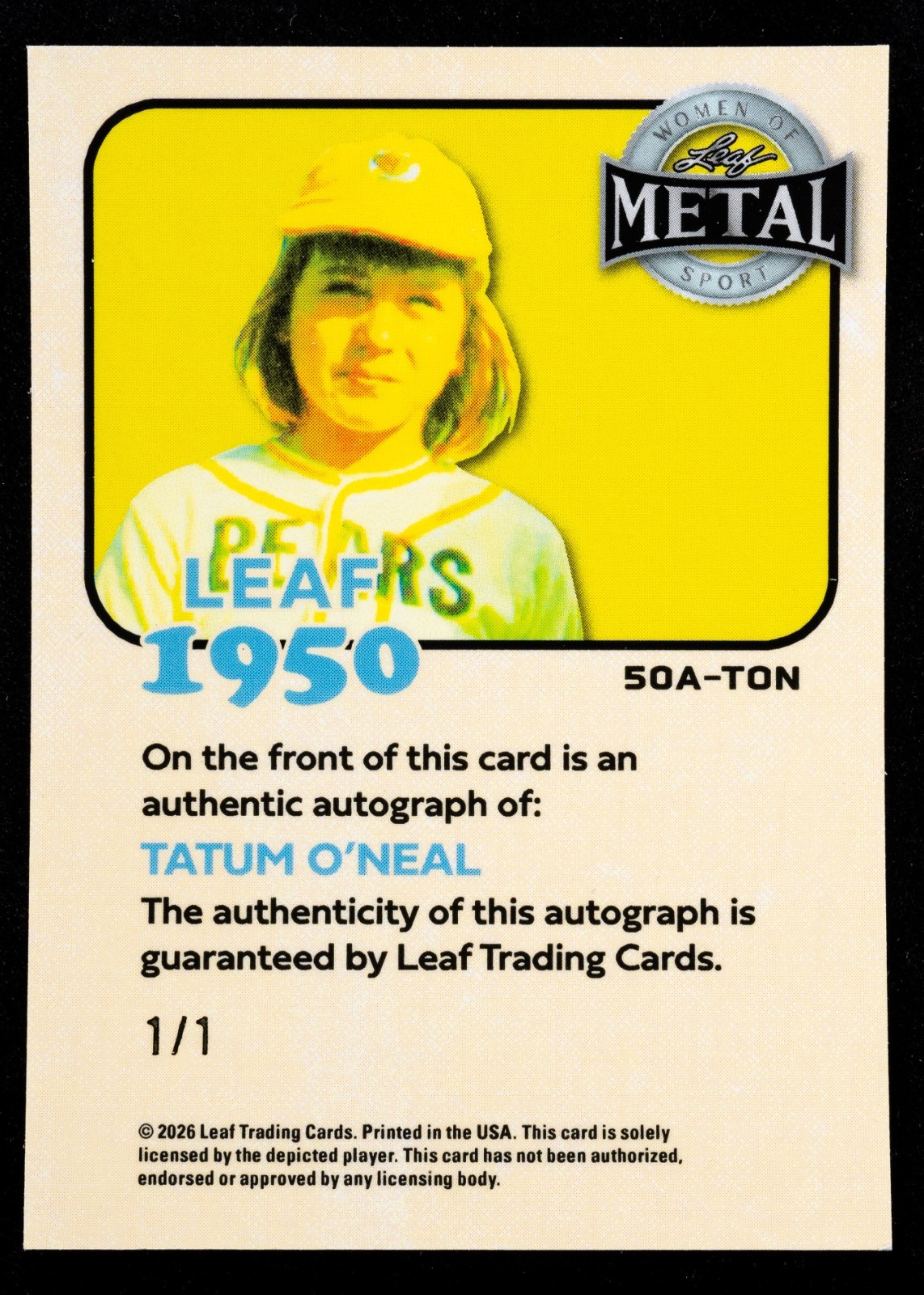 Tatum O'Neal Auto 1/1 2026 Leaf Metal Women of Sport 1950 Bad News Bears view 2