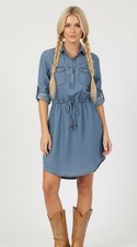 Denim Mini Dress 100 Cotton Tie Waist Collared Stonewash Soft Lightweight Small