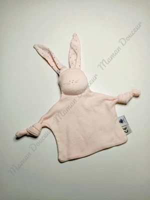 Doudou Plat Lapin Rose Pâle Gris Pois Bleus Noeuds Attache Tétine - Petit Bateau - Photo 1/4