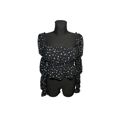 HM Divided Bluse Damen Gr M Schwarz Blumen Raffung Langarm Elegant Stretch Boho