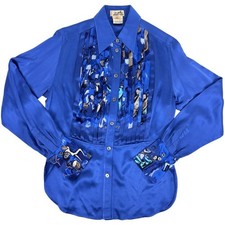 Hermes Pleated Switching Long Sleeve Shirt Concerto Top Silk Blue Multicolor Wom