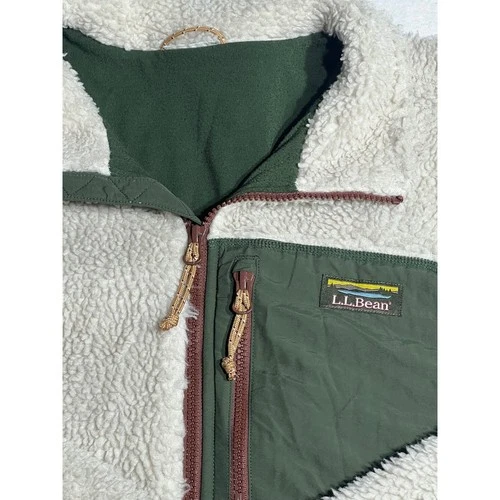 LL Bean Mens Sherpa Fleece Full Zip Jacket Cream Green Brown Trim Large - product listing photo