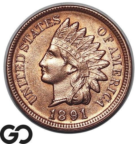 1891 Indian Head Cent Penny, Red, Tougher Date In MS