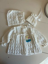 NWT Vintage Baby Girl White Knit Dress Set Bonnet Booties Christening Set