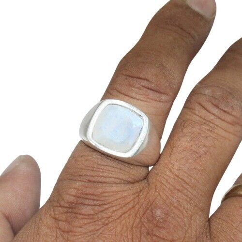 Anillo de sello de piedra lunar arco iris de plata de ley 925 hecho a mano para hombre - Imagen 1 de 5