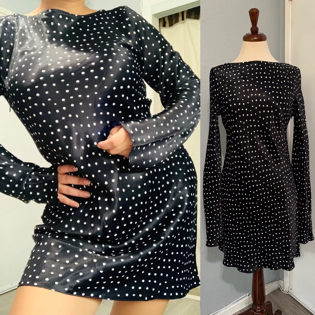Zara New Women Black White Long Sleeve Polka Dot Satin Dress Size