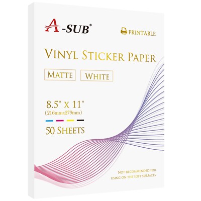 A-SUB Printable Vinyl Sticker Paper for Inkjet Waterproof Matte White 50-200 PK