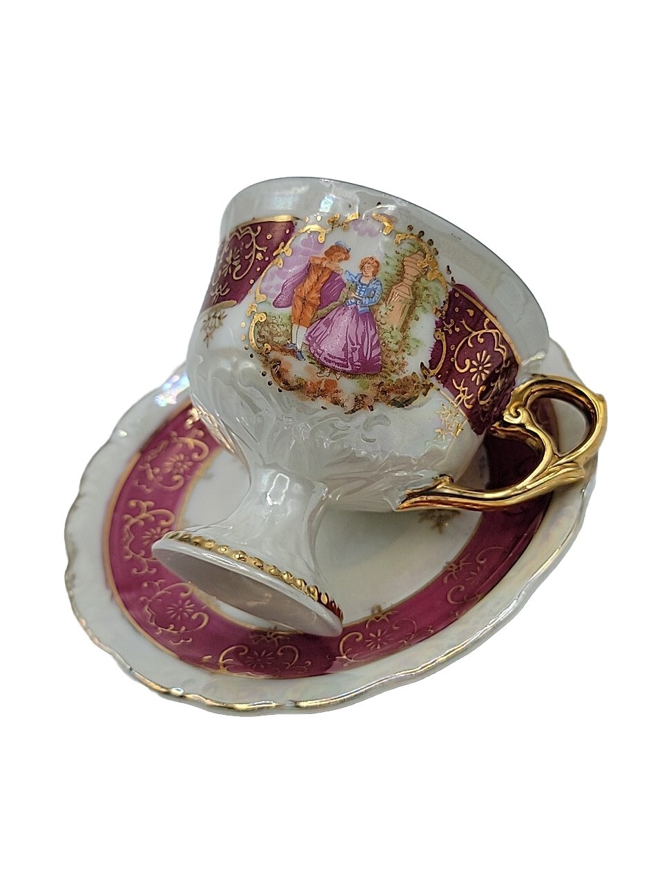 Red Demitasse Courting Couple Footed Gilded Small Cup and Saucer Vintage Japan