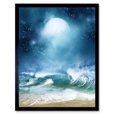 Strand und Mond Digital Collage 12 x 16 Zoll gerahmter Kunstdruck