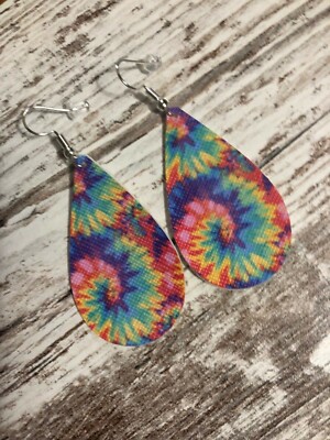 Faux Leather Earrings- Tie-Dye Pattern- Tear Drop Design-004
