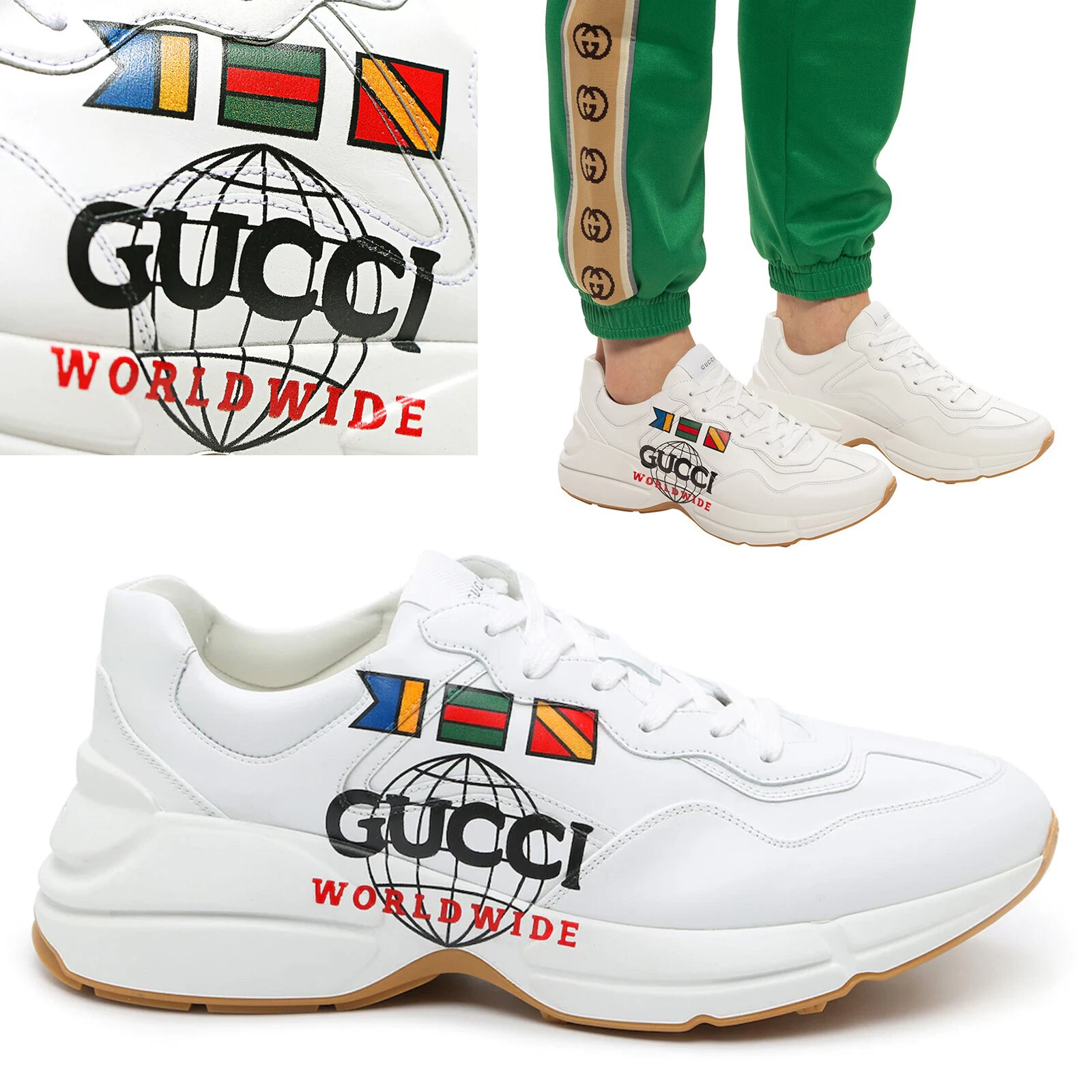 BASKETS GUCCI HOMMES RHYTON WORLDWIDE CHAUSSURES EN CUIR BLANC taille 7G 7,5 US