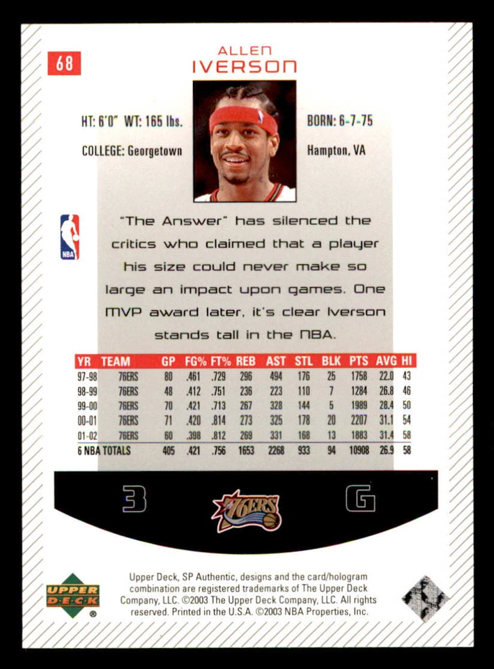 2002-03 SP Authentic #68 Allen Iverson - Image 2 of 2