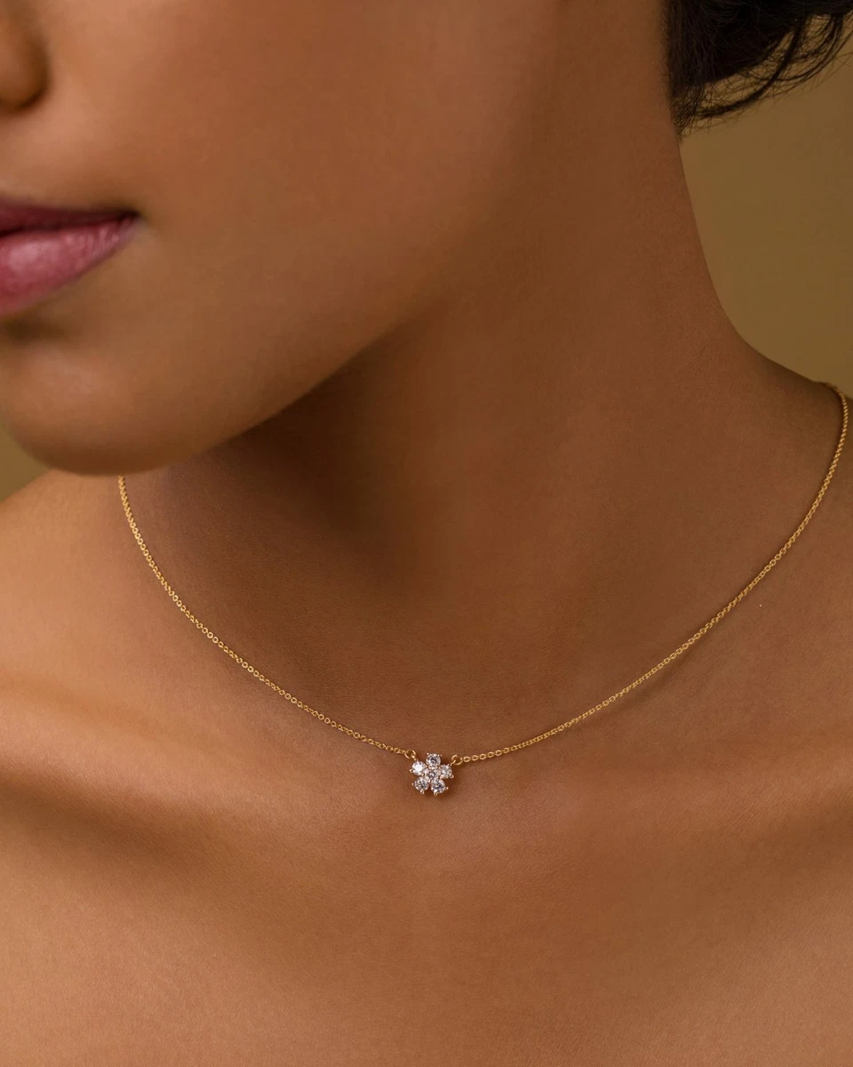 Genuine Diamond Flower Necklace 14k Solid Gold Minimalist Necklace For Women