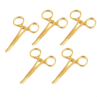 5Pcs Full Gold 3.5-Inch Mosquito Hemostat Forceps, Clamp, Locking Pliers Curved