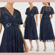 NWT MAC DUGGAL 10 14007 A Line Embellished Short Sleeve Dress in Blue J883