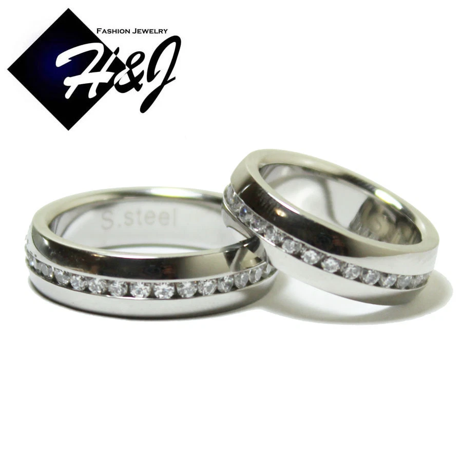 Anillo de boda de eternidad plateado de 6 mm con circonita cúbica completa de acero inoxidable para hombres y mujeres Foto 4 de 4