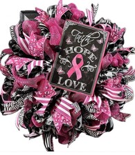 Pink Ribbon Faith Hope Love Breast Cancer Awareness Wreath 24 Inch Front Door