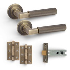 Antique Brass Knurled Lever Door Handles Pack Door Tubular Latch + Hinges