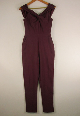 Adelyn Rae Jumpsuit Womens XS Twist Front Off Shoulder Burgundy Slim Tapered Leg