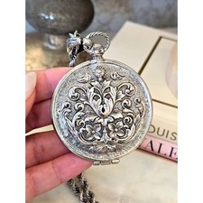 Goldette Signed Double Sided Etruscan and Peacock Locket Silver Tone Necklace.