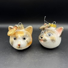 Dept 56 Mercury Glass Calico Kitty Cat With Fish Christmas Ornament 3 Set Of 2