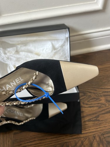 Chanel New Vintage 01p Slingback Chain Cap Toe Pump Size 37.5 - Picture 5 of 12