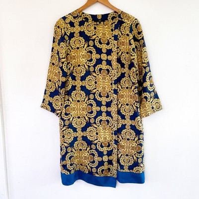 tibi gold dress Tibi Blue and Gold Scarf Print Silk Shift Dress, Size 8