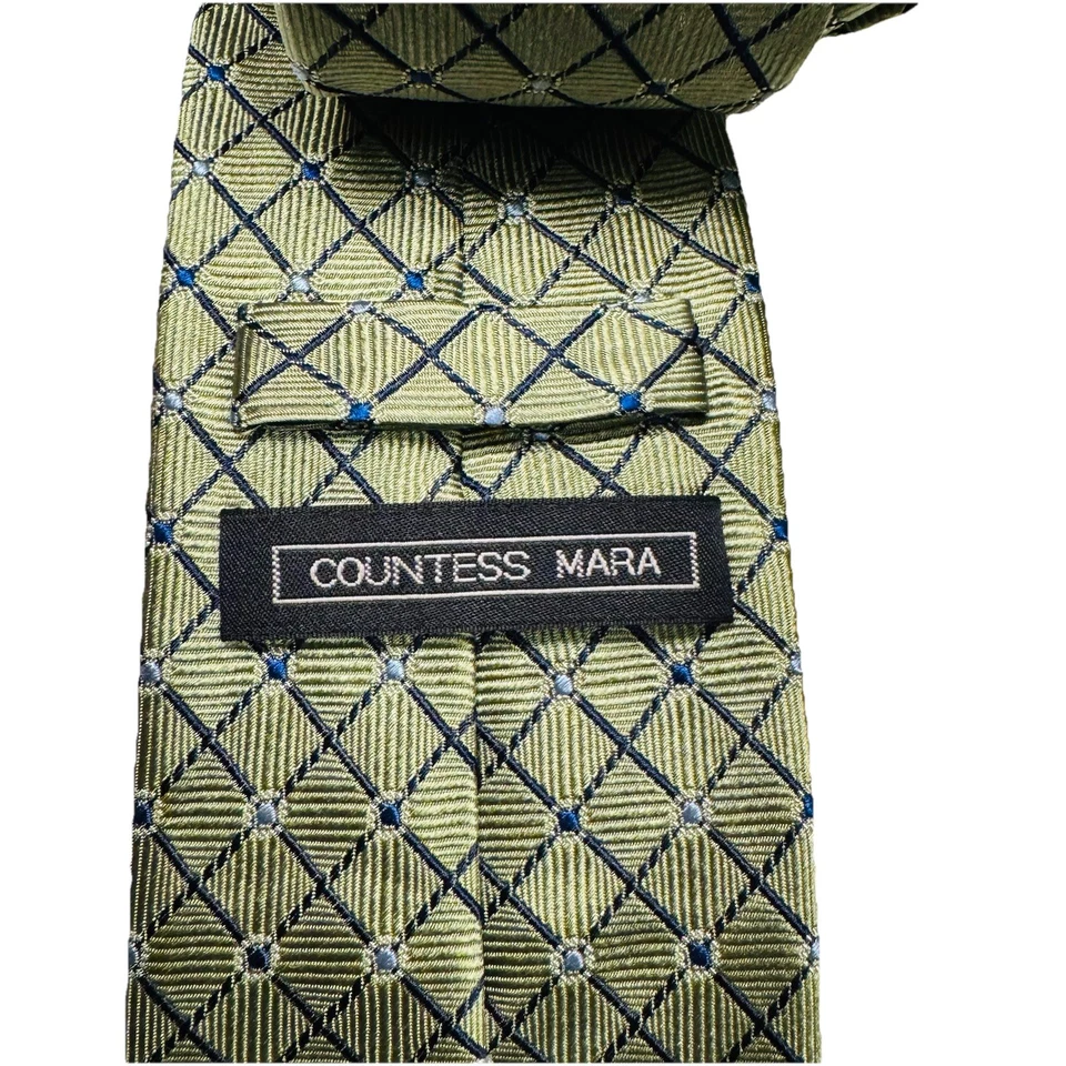 Corbata Condesa Mara Verde Azul Marino Estampado Geométrico 100% Seda 59" x 3.25" Hecha a Mano Lujo Foto 3 de 4