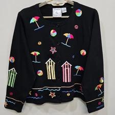 Michael Simon Lite Cardigan XL Black Beach Coastal Bright Whimsical Embroidered
