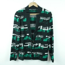 Ming Wang Women S Knit Jacket Career Blazer Black Green Geometric Print Artsy