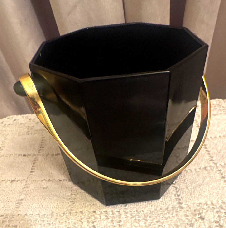 Vintage Ice Bucket/Cooler Black Glass Brass Handle, Marked France