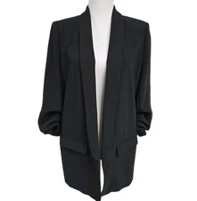 Zara Open Front Long Blazer Ruched Sleeves Lined Black Women’s Size L 