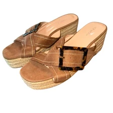 TOP Moda Women’s Brn Slip On Wedge Shoes Size 8.5 Buckle Platform Suede Sandals