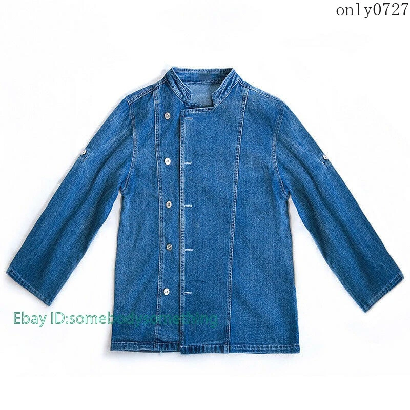 Mens Women Denim Chef Jacket Long Sleeve Cook Coat Kitchen Unisex Uniform 2025 - Image 3 of 4