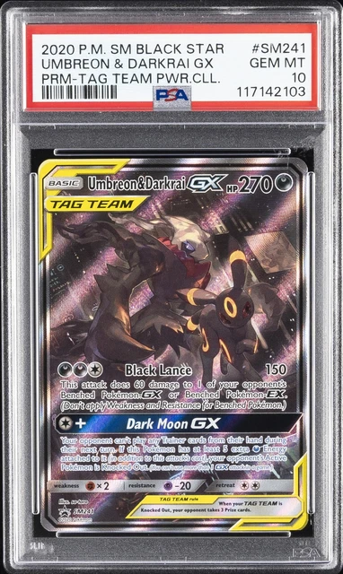 2020 POKEMON SM BLACK STAR PROMO #SM241 UMBREON & DARKRAI GX PSA 10