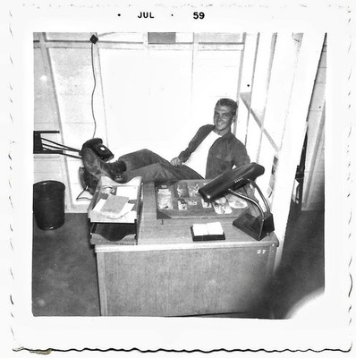 Vintage Old 1950s Photo of Handsome Blonde Man Has Pics of Women all Over Desk