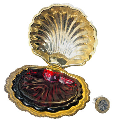 Metall Seifenschale Muschelschale rot Glas Metallwaren Vintage ra
