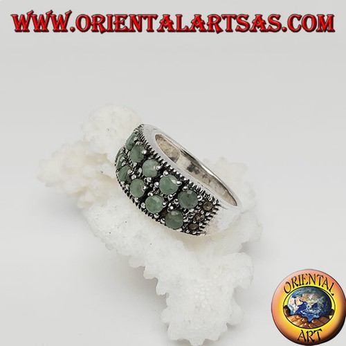 Anello in Argento 925‰ a fascia con due file di smeraldi incastonati e marcasite - Foto 2 di 3