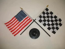 USA American w/ Checkered Race Flag 4"x6" Desk Set Black Base 100D