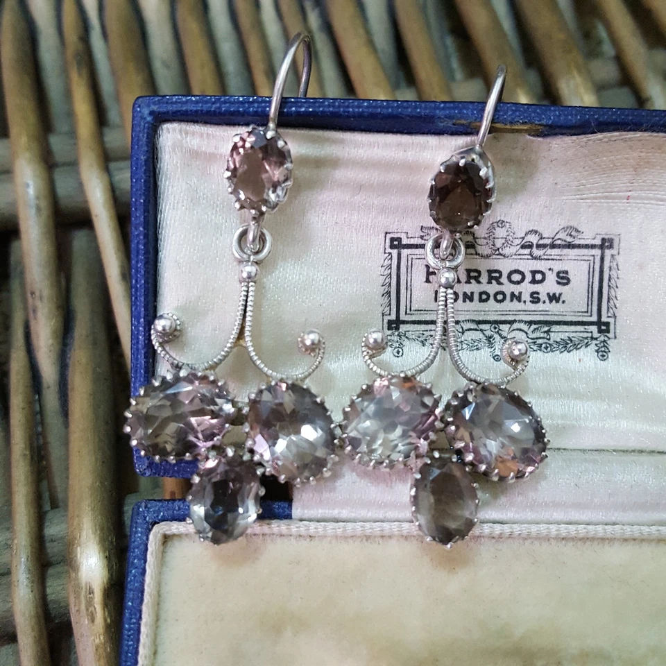 Art Deco Vintage 925 Sterling Silver Earrings, Natural Smoky Quartz Dangle - Image 4 of 4