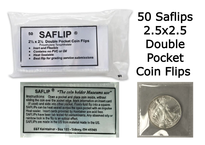 2.5 x 2.5 Mylar Coin Flips Saflip Safe 50 Double Pocket Long Term