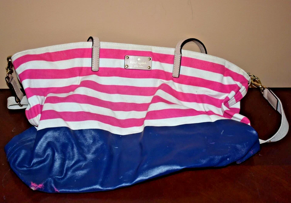 Bolso de Mano Kate Spade Grande Rosa Blanco Lona a Rayas Cuero