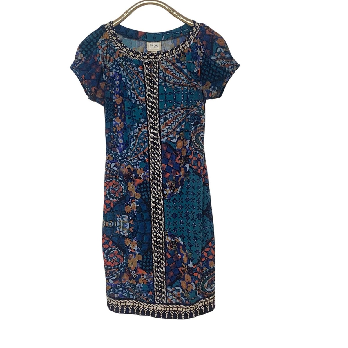 Beige by ECI Beaded Paisley Shift Dress 10 FLAW Beige by ECI Beaded Paisley Shift Dress 10 FLAW
