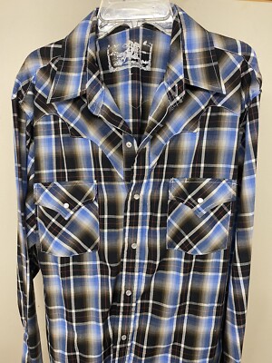 Ely Cattleman 1878 Western Pearl Snap Shirt Men Size L Blue Plaid Long Sleeve