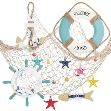 11 Pcs Wooden Nautical Wall Decor Fishing Net Decorations Include Decorative Fis