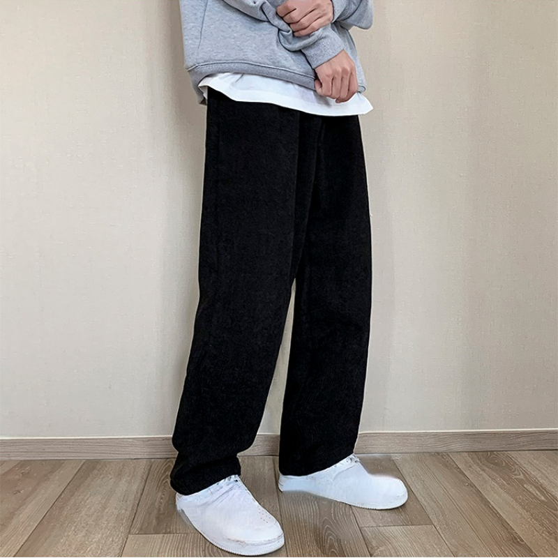 Men Corduroy Pants Trousers Straight Leg Elastic Waist Loose Casual Student Chic
