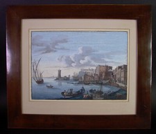 antikes Aquarell - südländischer HAFEN mit Leuchtturm - schöner Nußbaum Rahmen